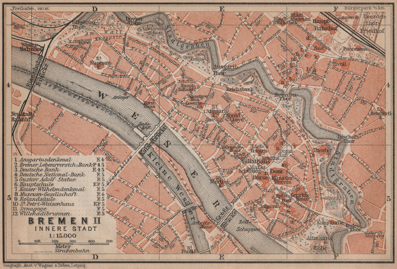 BREMEN antique town cityplan II. Innere Stadt karte. BAEDEKER 1900 old map